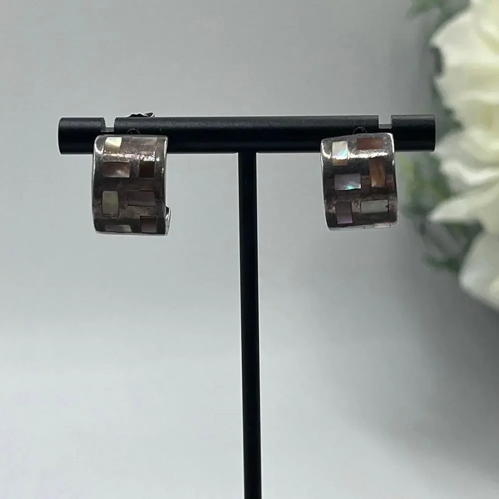 Vintage Sterling Silver 925 Inlaid Mother of Pearl Half Hoop Huggie Earrings